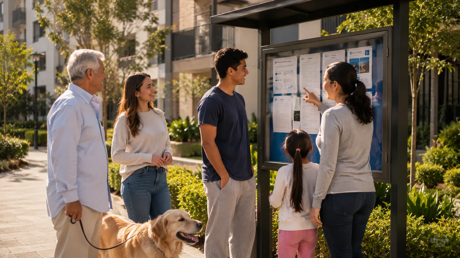 Residentes revisando la cartelera y el punto de información en la zona común de su conjunto.