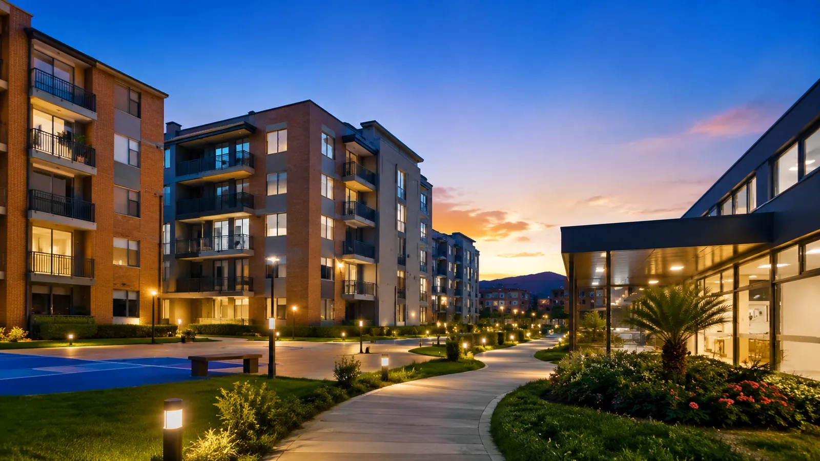 Conjunto residencial al atardecer, con sus edificios, senderos iluminados y zonas comunes.