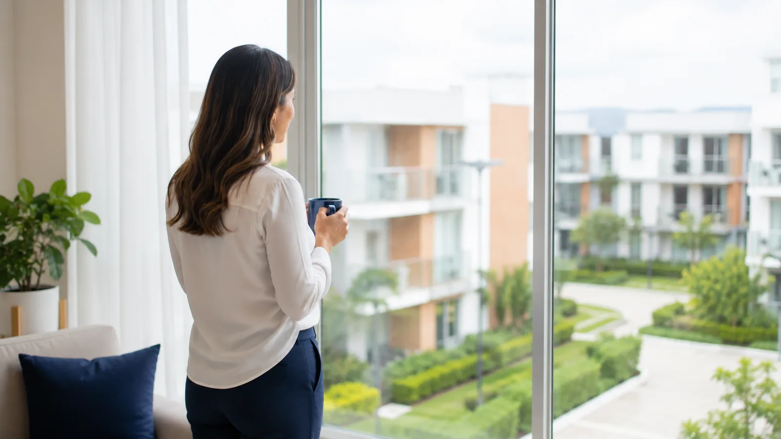 Una residente contempla tranquila su conjunto residencial desde el ventanal, con una taza de café en las manos.