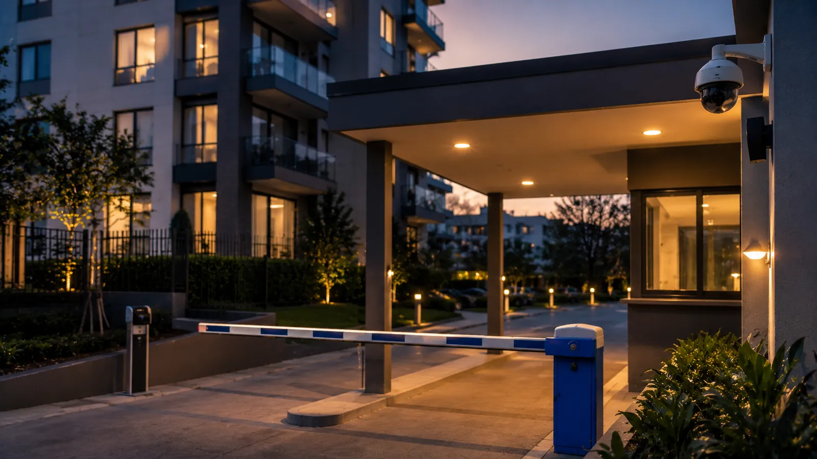 Acceso controlado e iluminado de un conjunto residencial al anochecer.