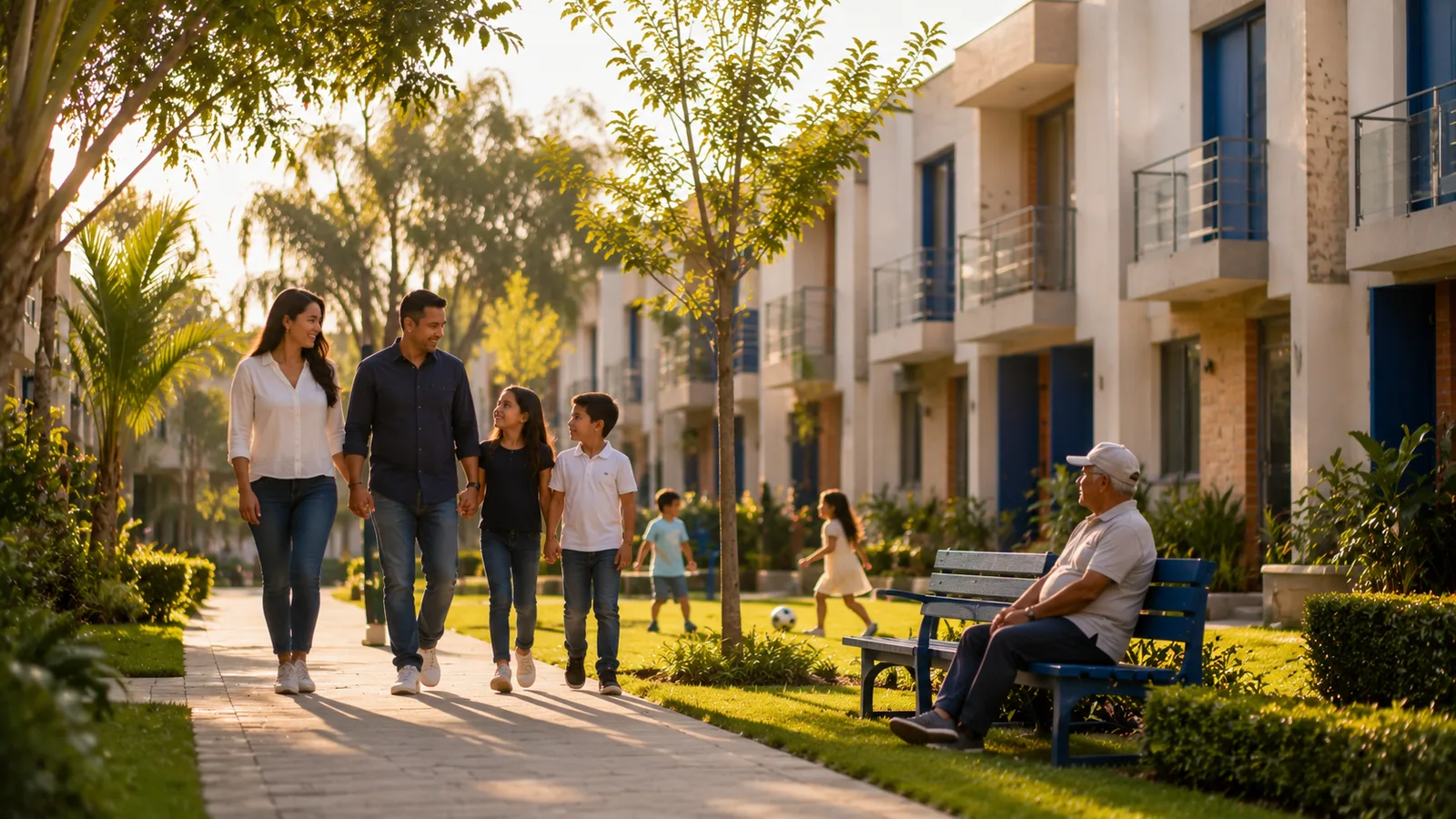 Una familia y sus vecinos disfrutan al atardecer del parque interno de su conjunto residencial, con niños jugando cerca.